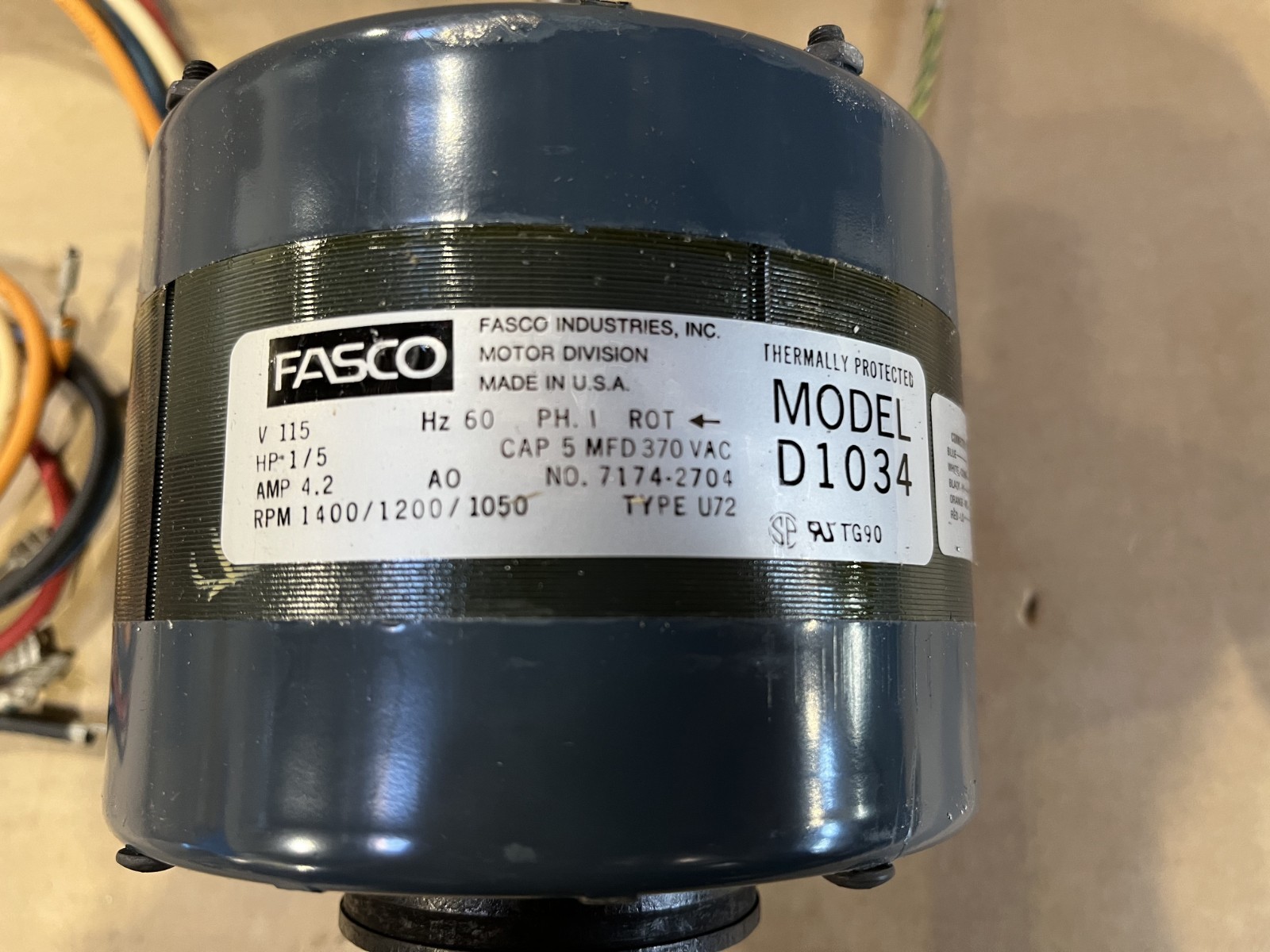Fasco D1034 Permanent Split Capacitor Motor 1/5 HP 1400 1200 1000 RPM 115Volts