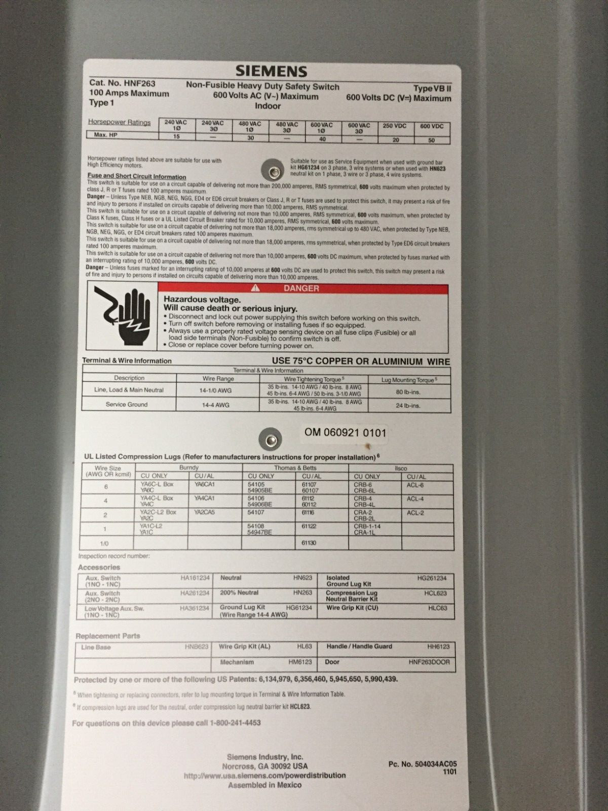 SIEMENS HNF263 100 AMP 600 VOLT SINGLE PHASE N/FUSED INDOOR DISCONNECT..D-1658