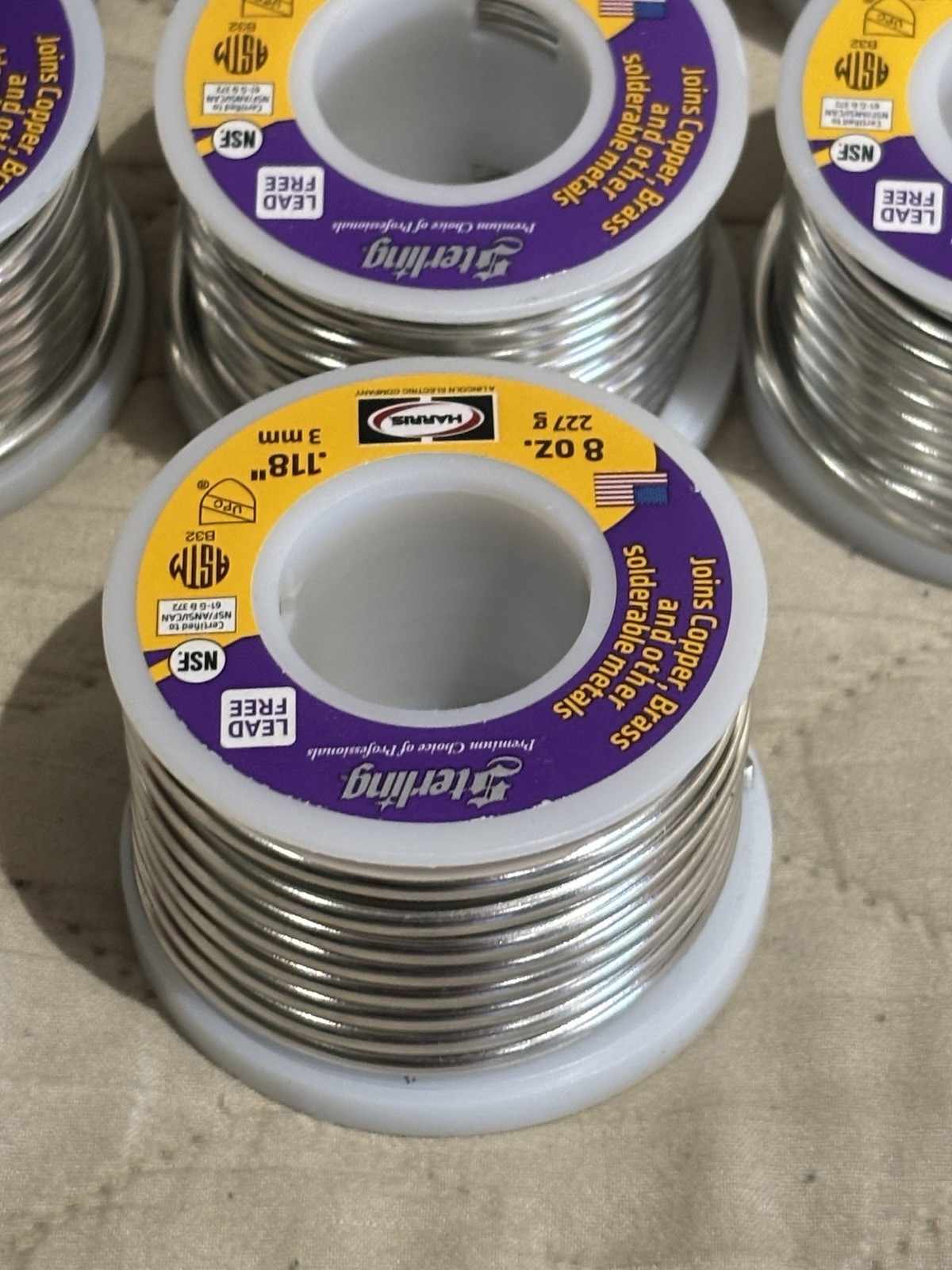 LOT OF 7 NEW STERLING HARRIS 8-oz Lead Free Plumbing Solder .118″ 3mm SHIPS FREE