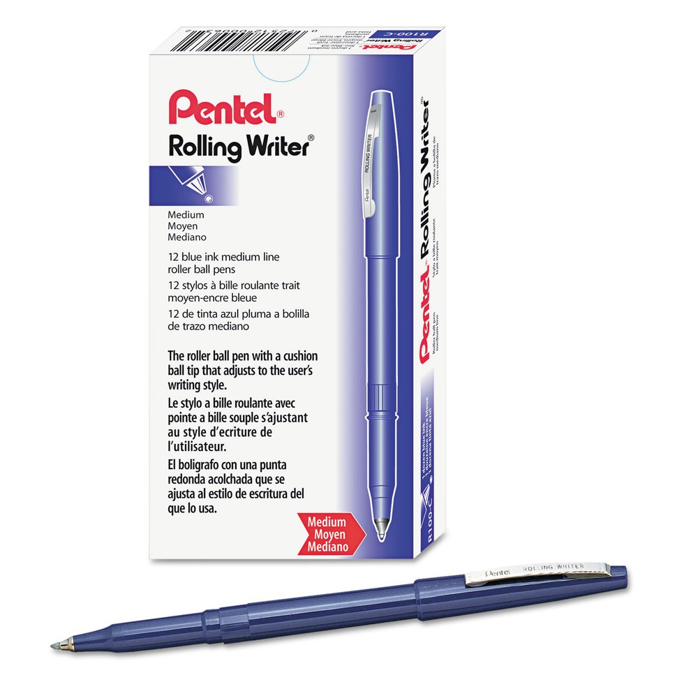 Pentel R100C Medium 0.8 mm Stick Rollerball Pen – Blue Ink/Barrel (1-DZ) New