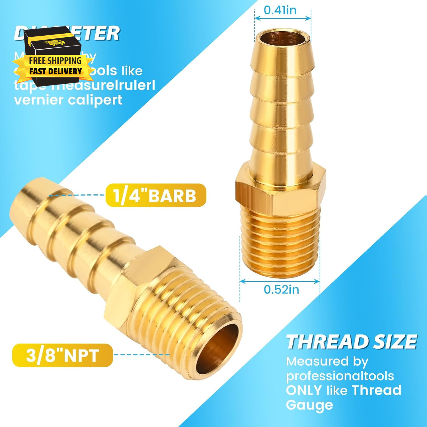 2 Pcs Air Hose Barb Fittings, 1/4 NPT to 3/8 Barb, Barbed Hose Fittings, Male Th
