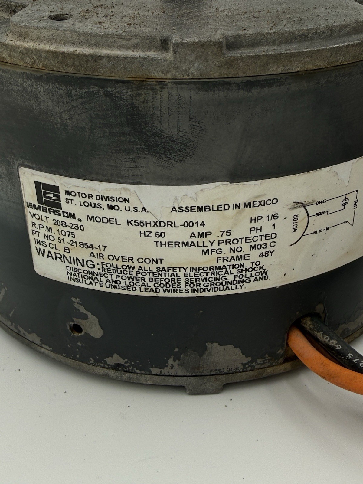 Emerson Fan Motor K55HXDRL-0014 / 51-21854-17 1/6 HP 208/230V 1075 RPM #B1-167
