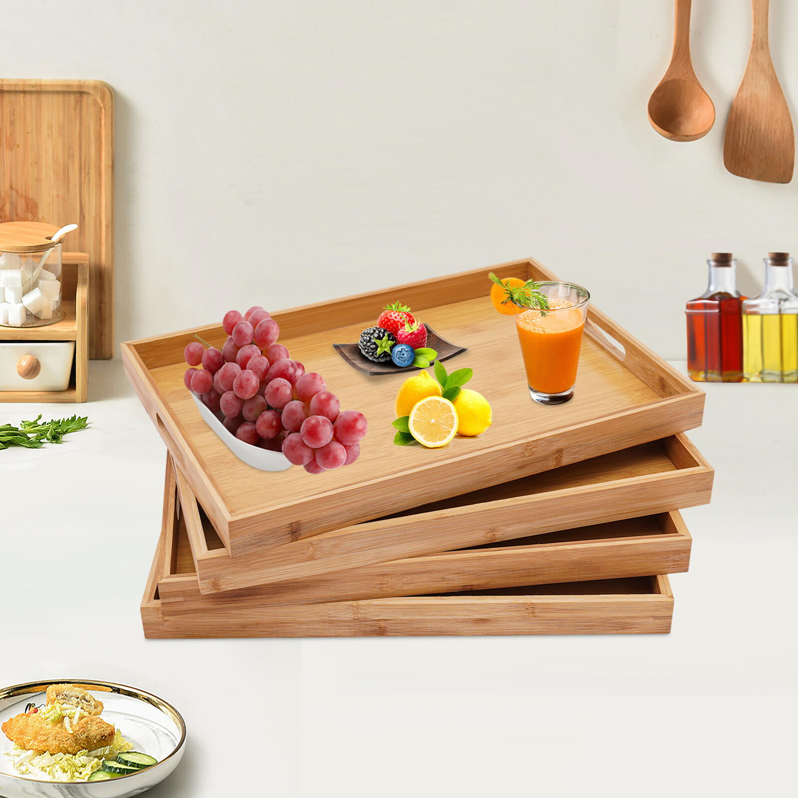 Bamboo Serving Trays 4-Piece Set Rectangular 18.1 × 13 × 1.4 In Log Color