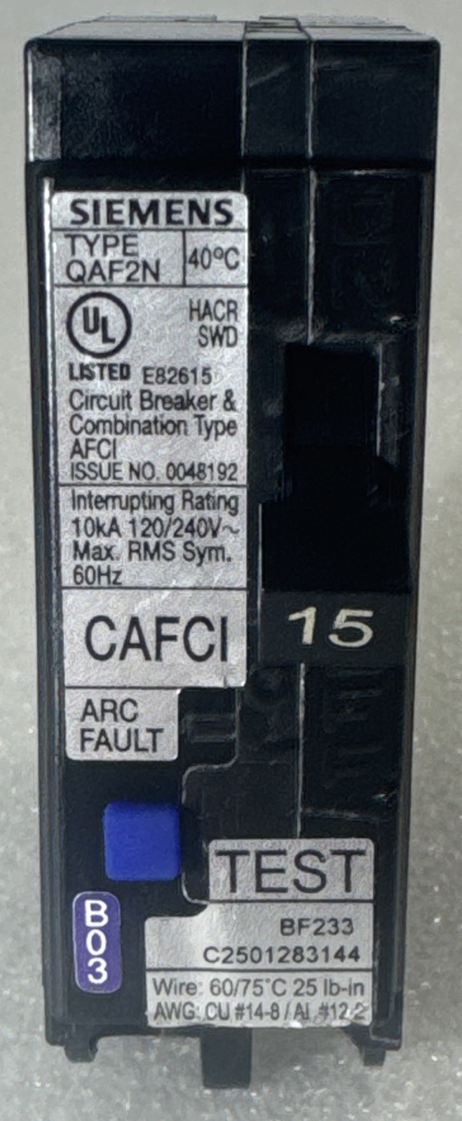 SIEMENS QA115AFCN 15A 1-POLE AFCI BREAKER 120V PLUG-ON NEUTRAL ARC FAULT NEW