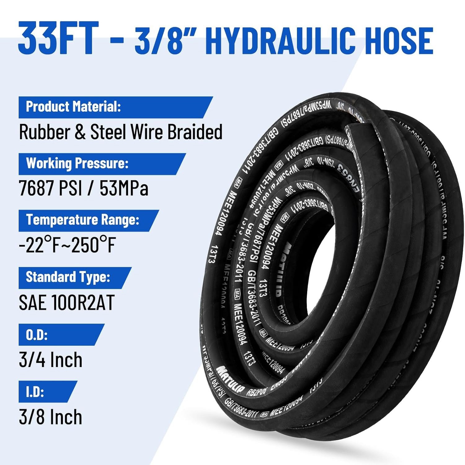 2-Wire Braid Hydraulic Hose Kit 33FT 3/8″ Hose with 16PCS Carbon Steel Fittings