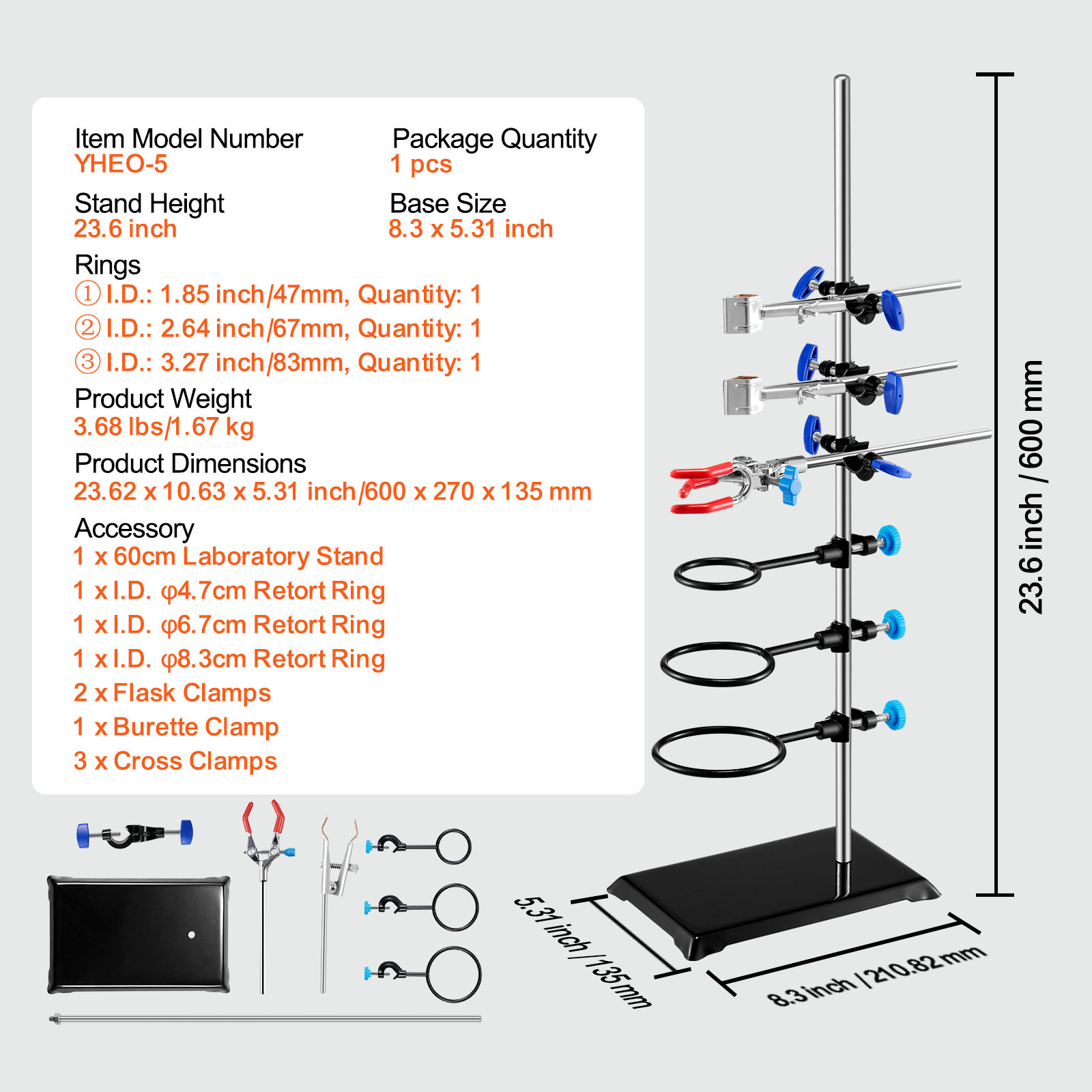 VEVOR Lab Stand Support Laboratory Retort Support Stand 23.6″ Rod With Clamps