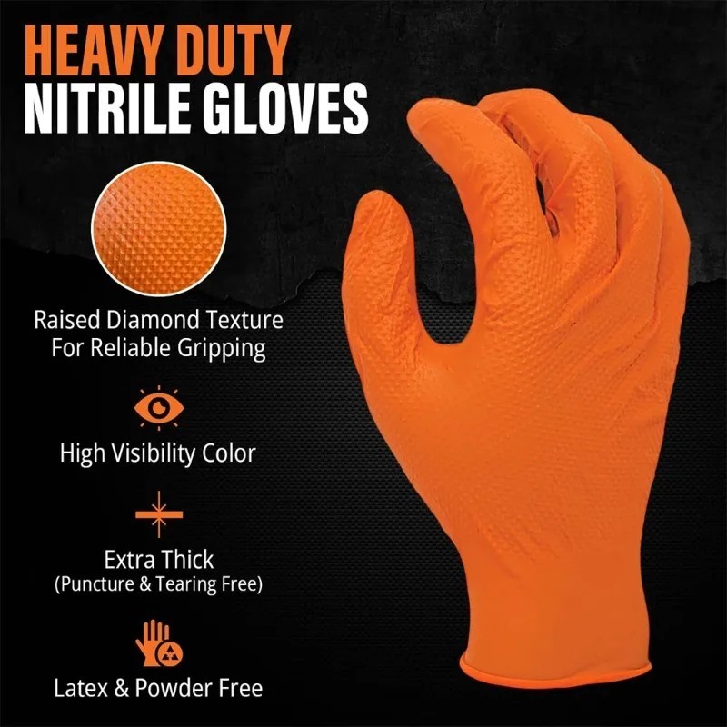 Heavy Duty Orange Industrial Nitrile Extra Thick Gloves with Textured Grip 8-mil