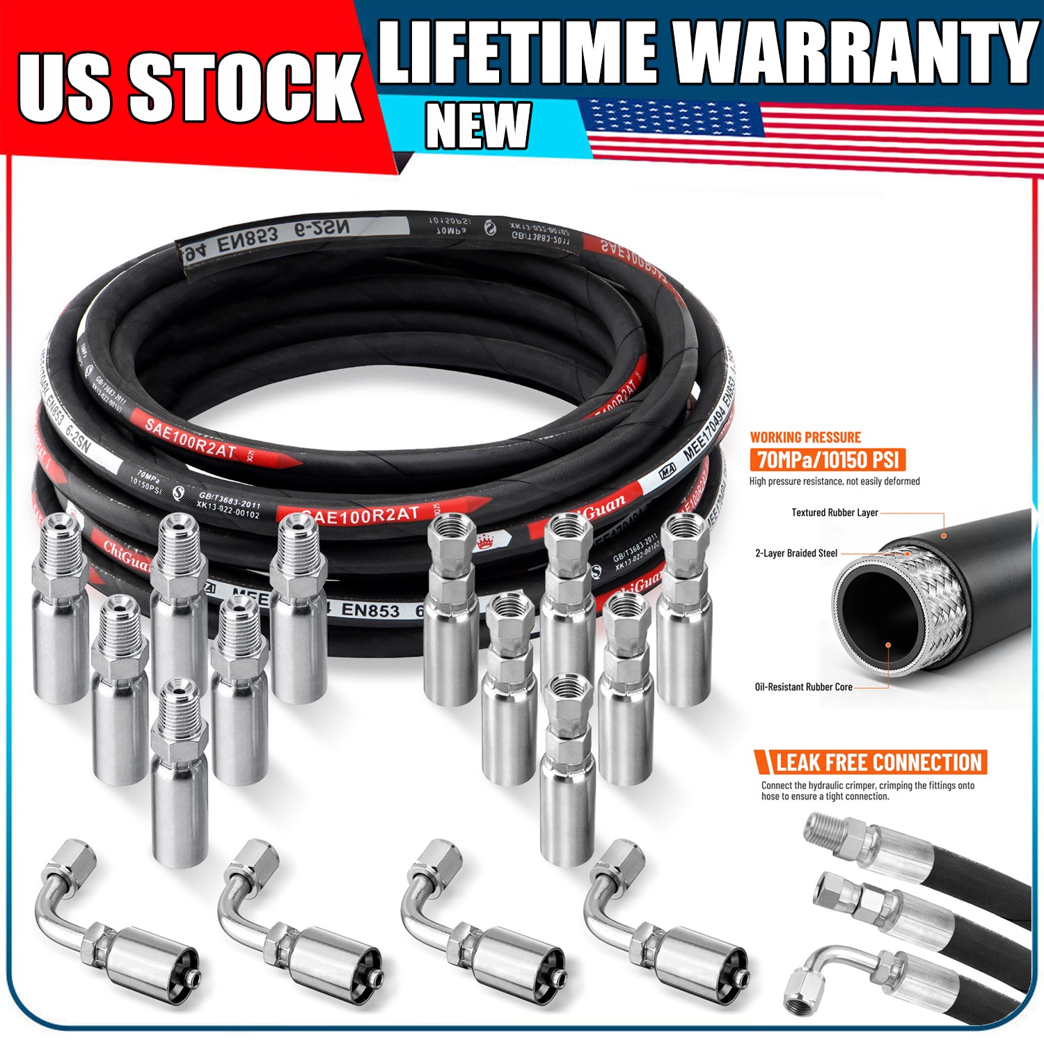 1/4″ 33′ HYDRAULIC HOSE TWO WIRE HOSE FLEXIBLE 70MPa / 10150 PSI WITH 16 FITTING