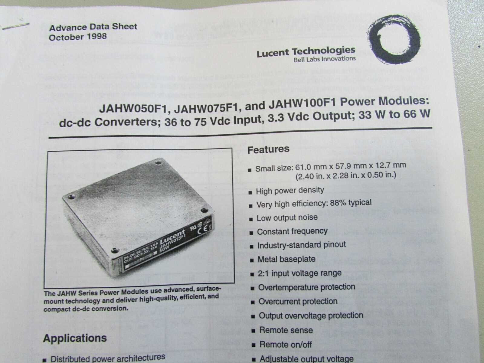 New Lucent Voltage Converters DC 36-75V 2.2A In, DC 3.3V 20A Out 66W JAHW100F1