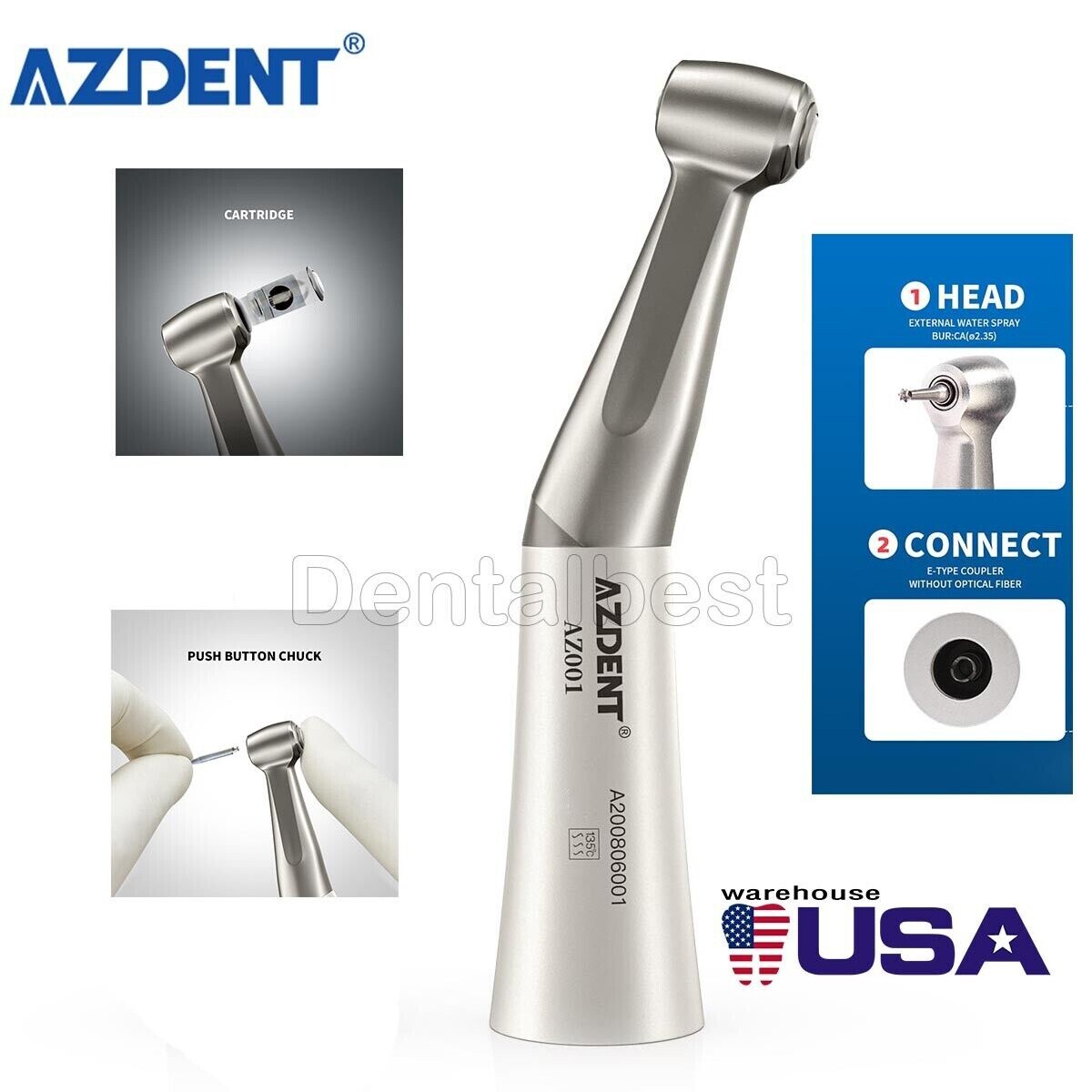 AZDENT Dental 1:1 Slow Low Speed Handpiece Push Button Contra Angle fit CA burs