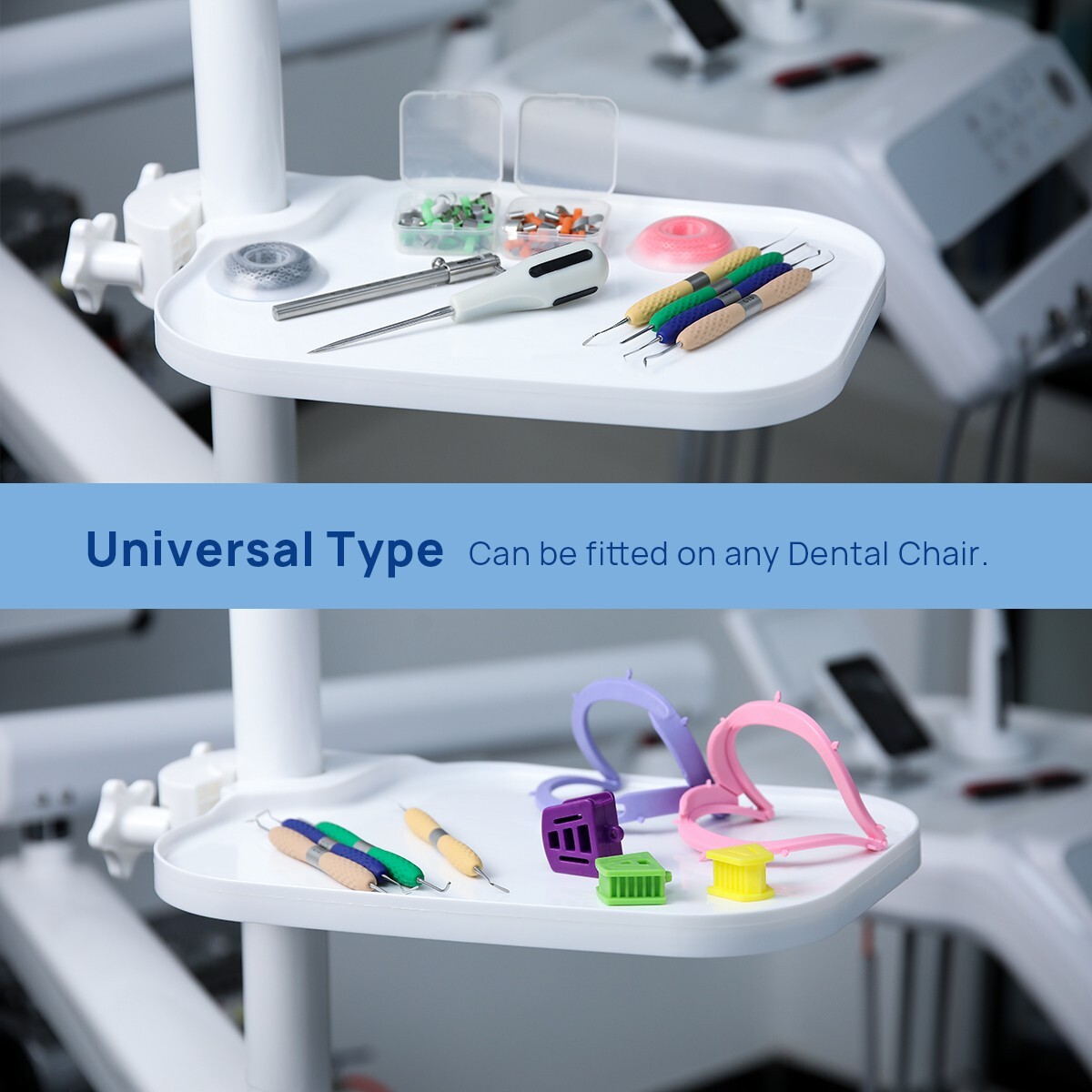 Mesa bandeja para sillón dental con soporte ajustable y bandeja cuadrada montada
