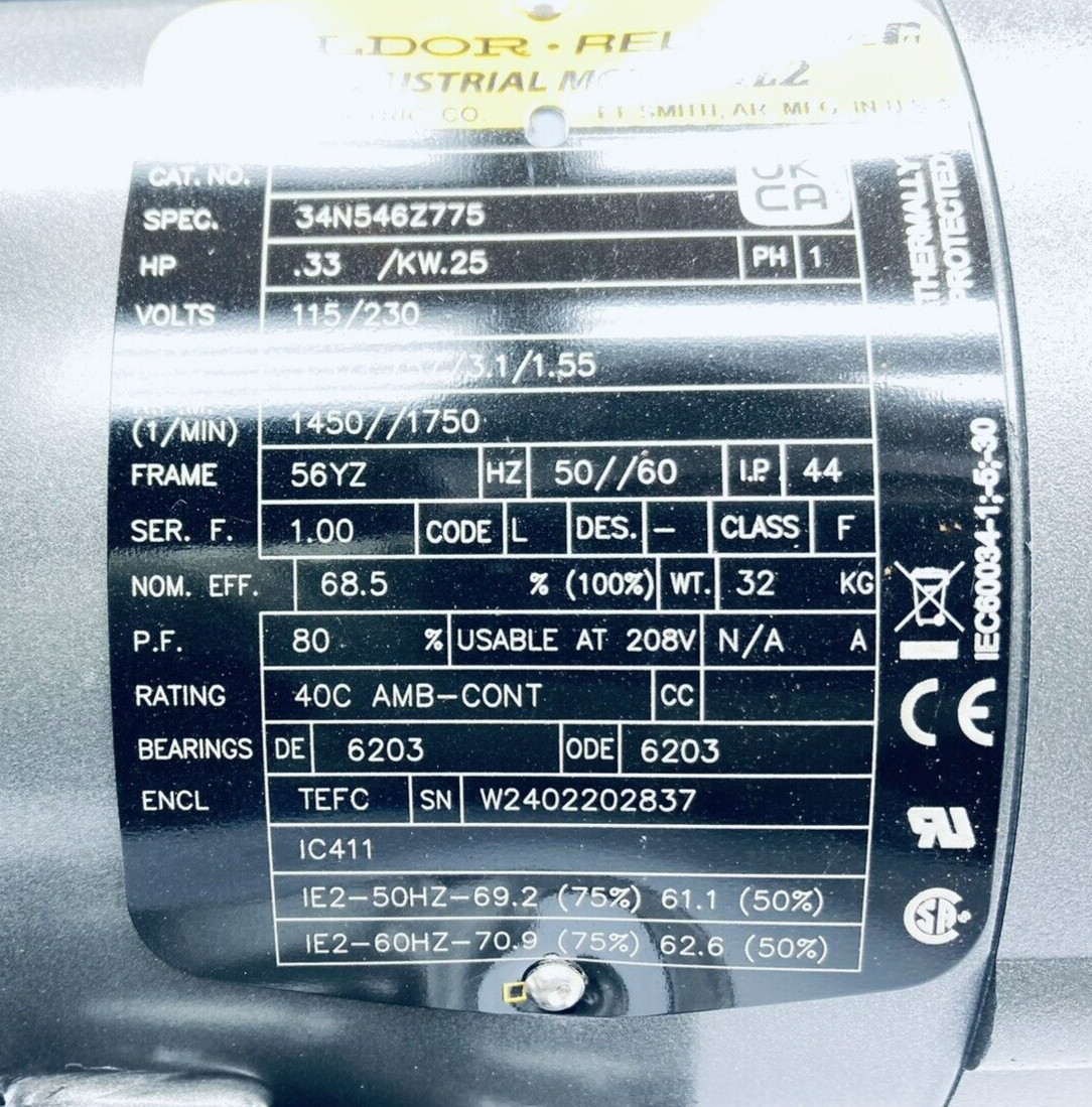 BALDOR 34N546Z775 VIKING PUMP MOTOR .33HP 1/3HP 115/230V 1450/1750RPM 56YZ IE2