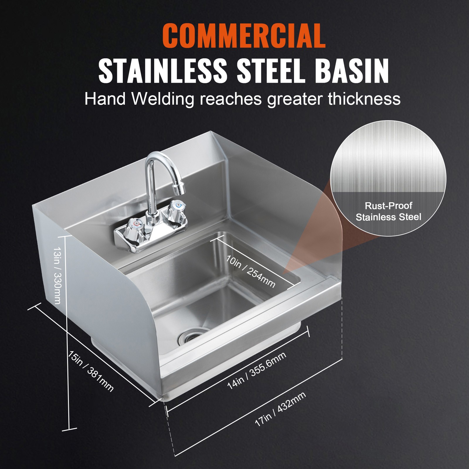 VEVOR Wall Mount Hand Wash Sink 17″x 15″ Stainless Steel w/ Faucet & Splash NSF