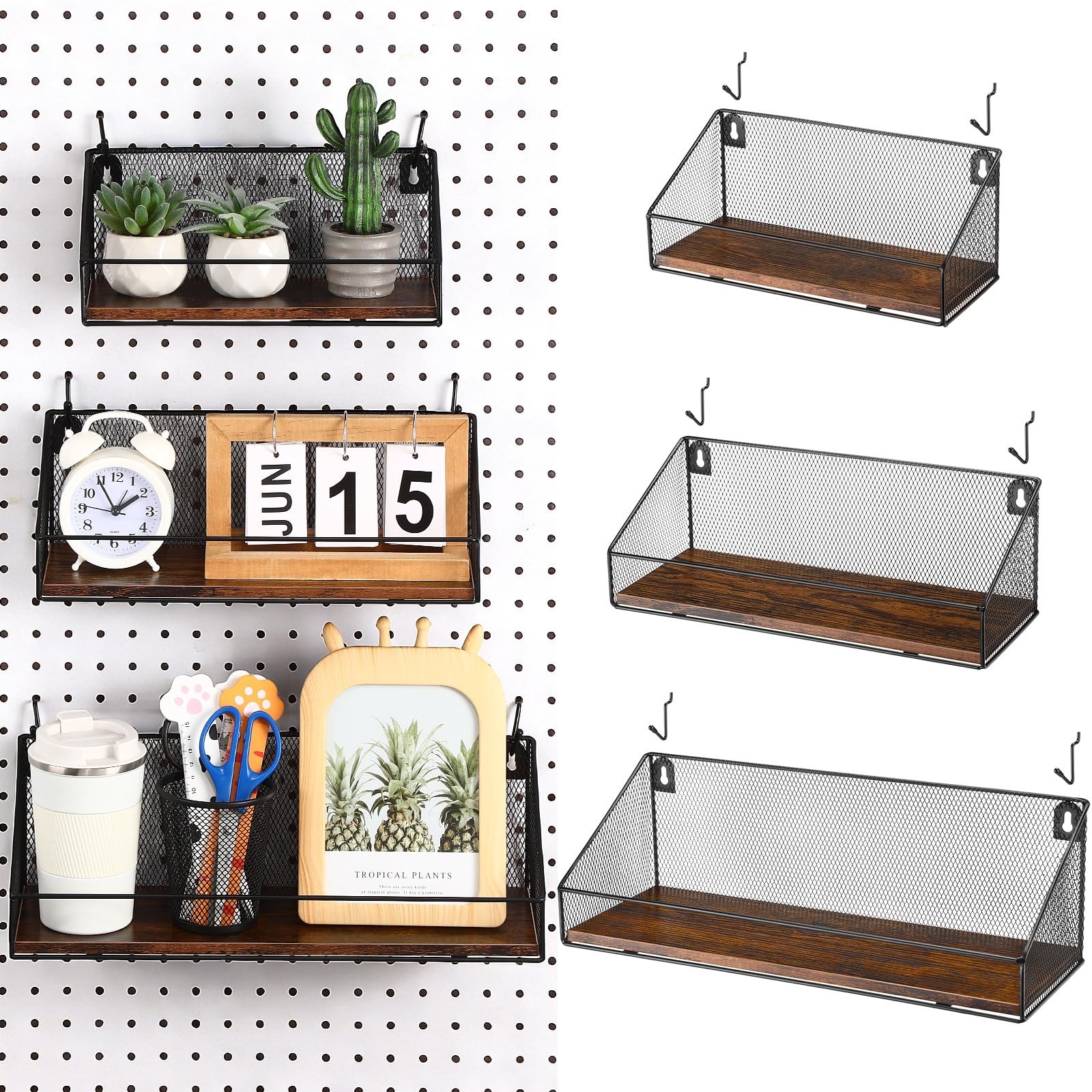Pegboard Accessories 3 Pack Baskets Wood Shelves Hooks for Garage Home US