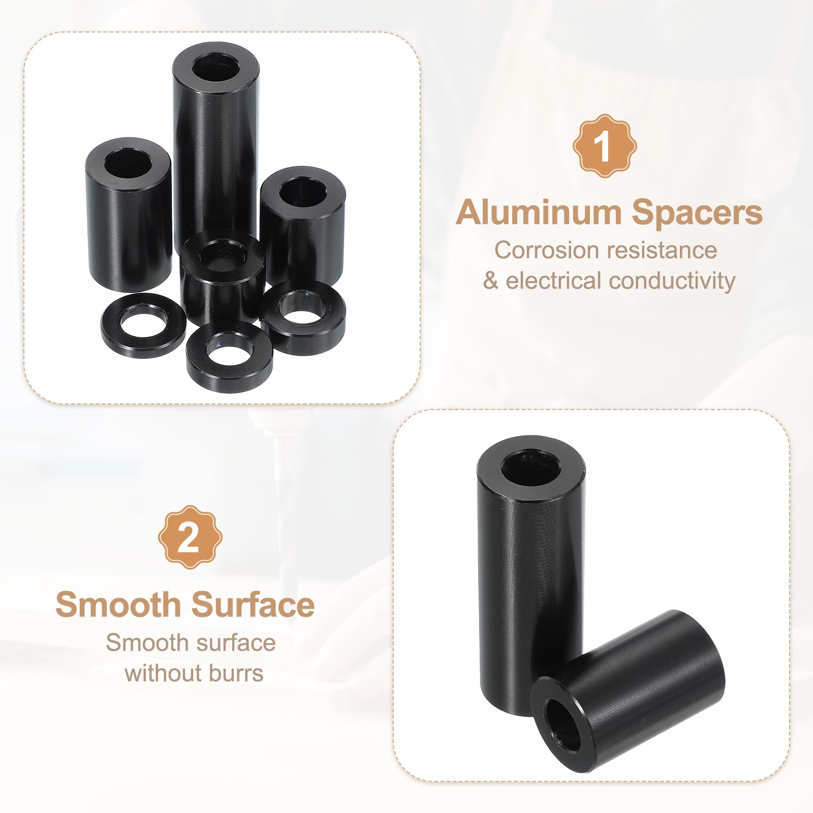 6PCS Aluminum Spacers, 3/8 x 3/4 Metal Spacers Aluminum 9/16 L, Black
