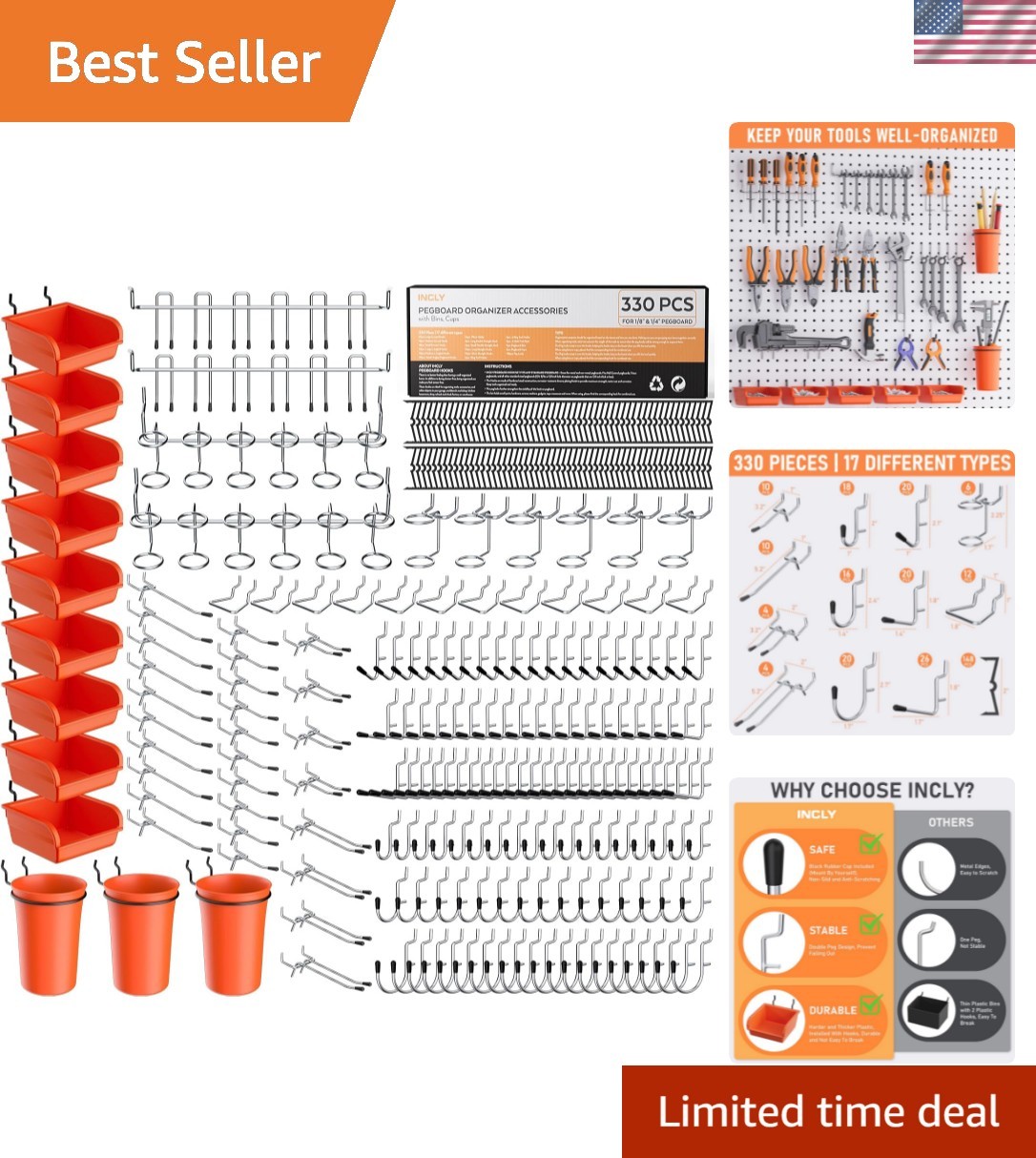 330PCS Upgraded Pegboard Accessories Organizer Kit, Peg Board Hooks Assortmen…
