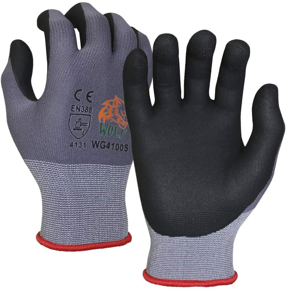 WOLF Work Glove Ultra-Thin Nitrile Foam Grip Palm Coated Nylon Shell Gloves 12Pr