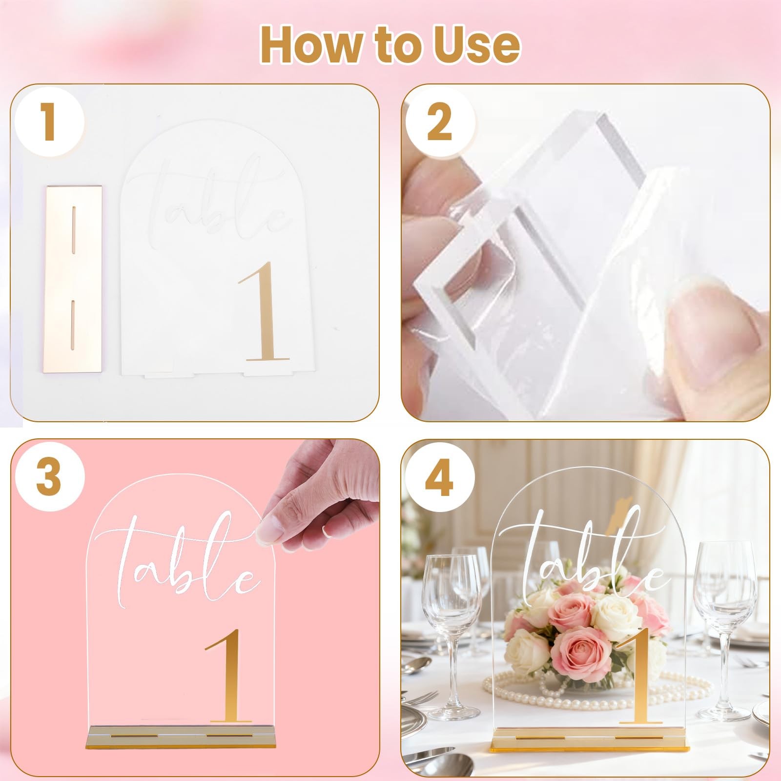 110 Clear Acrylic Arch Wedding Table Numbers Signs Gold Font Set 5×7 Inch