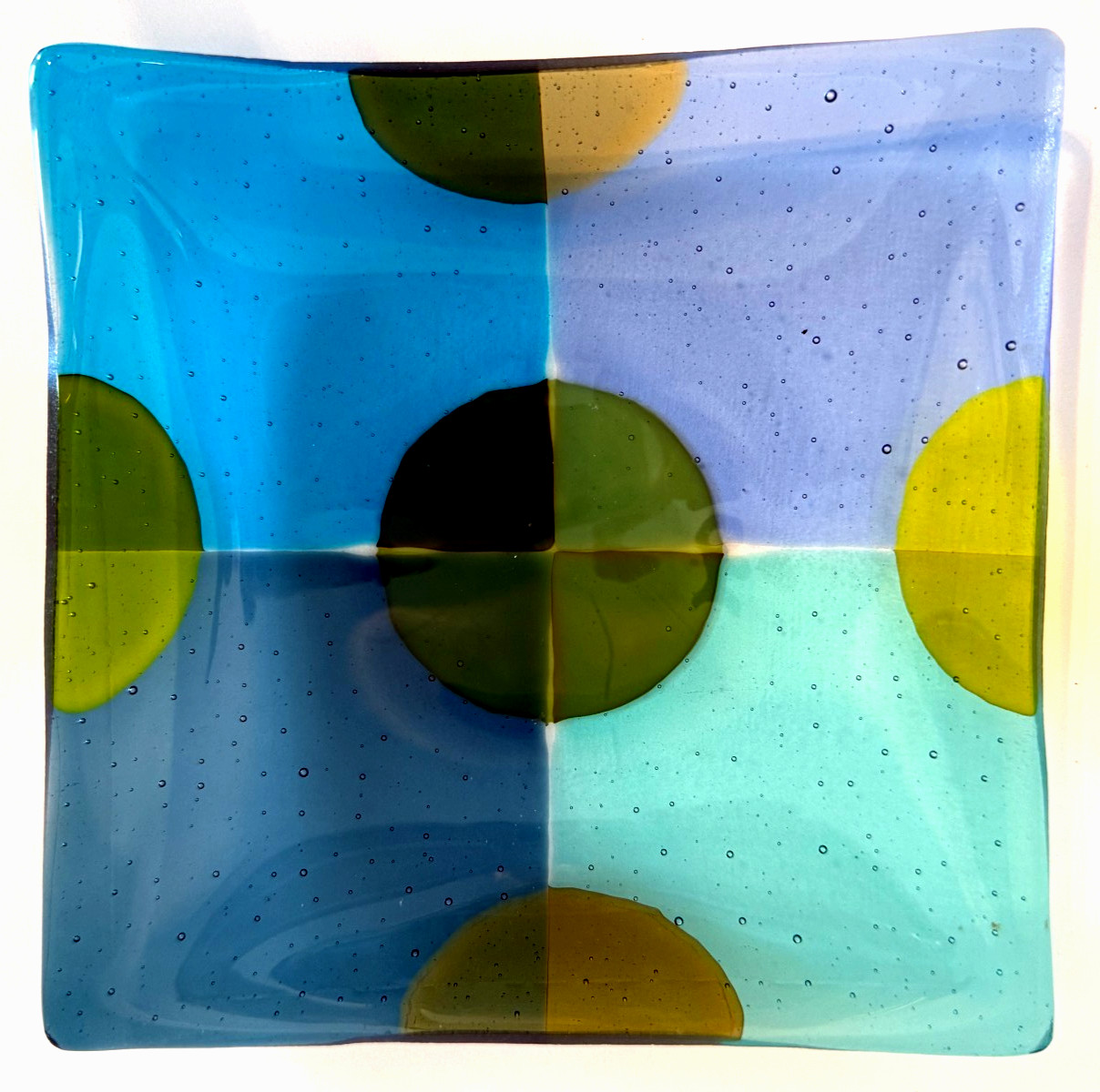 Beatrice Tesdorpf Fused Art Glass Mini Plater Green Turquoise Chartreuse Blu 6×6