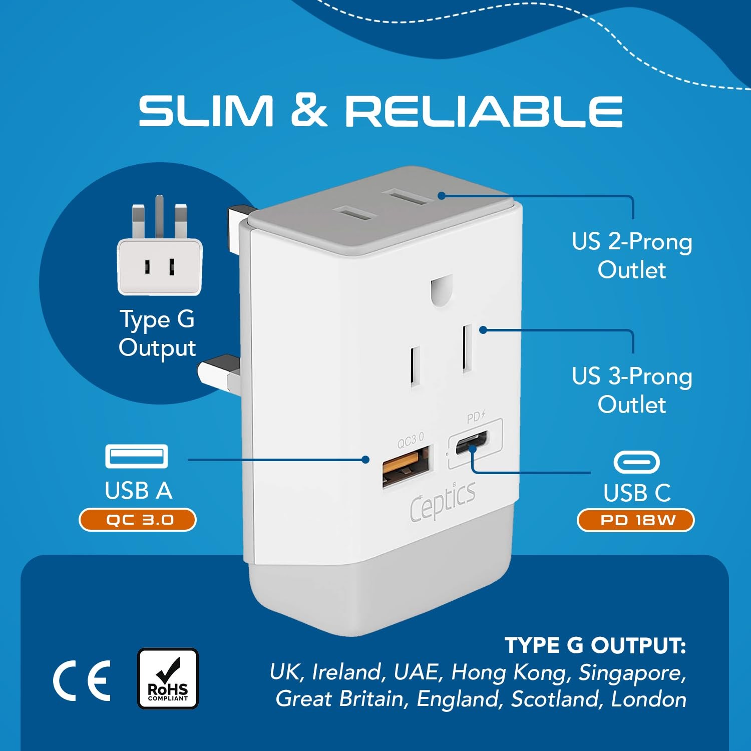 UK Ireland Hong Kong Plug Adapter, International Power Plug with USB & USB-C …