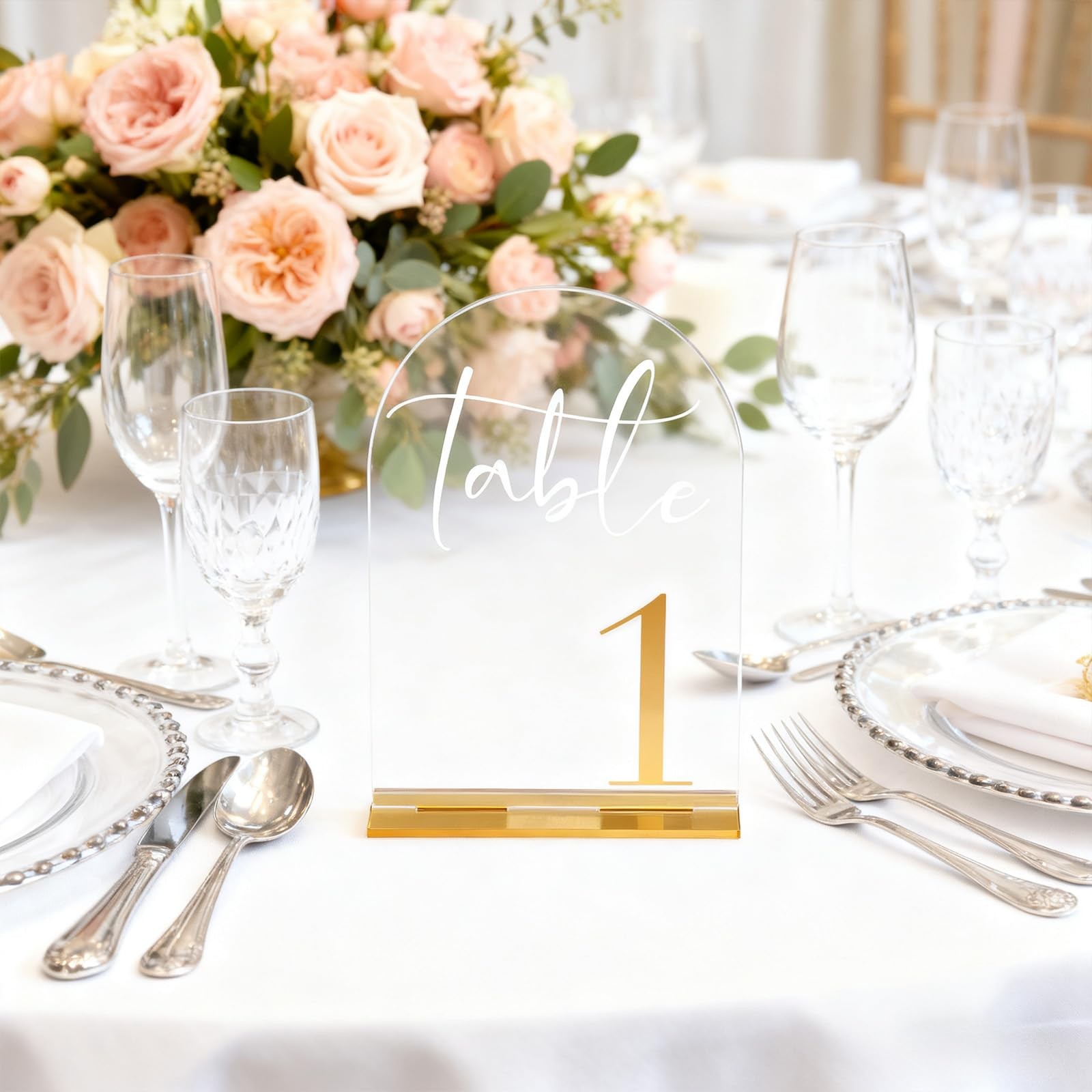 110 Clear Acrylic Arch Wedding Table Numbers Signs Gold Font Set 5×7 Inch