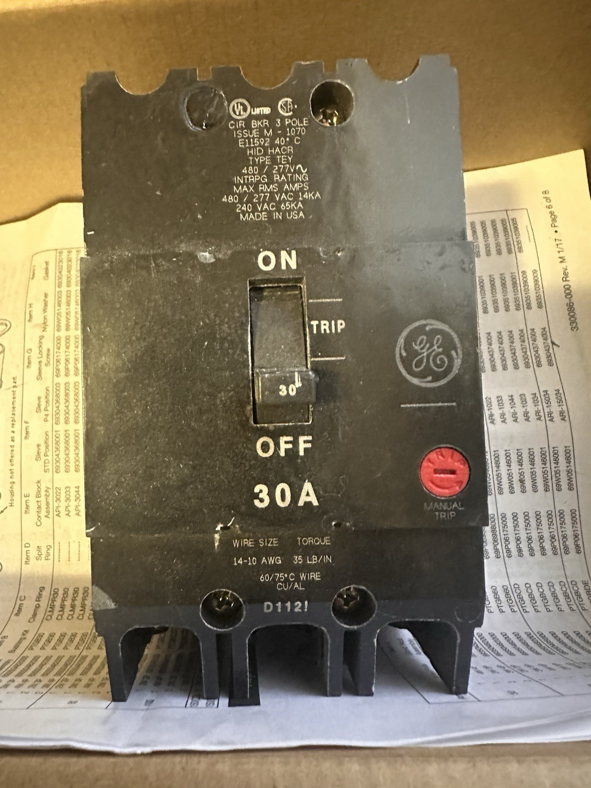 GE TEY330 3 Pole 480V Circuit Breaker