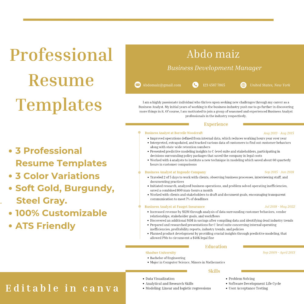 Resume CV Template | Canva Editable | 3 Colors | ATS Friendly |Instant Download