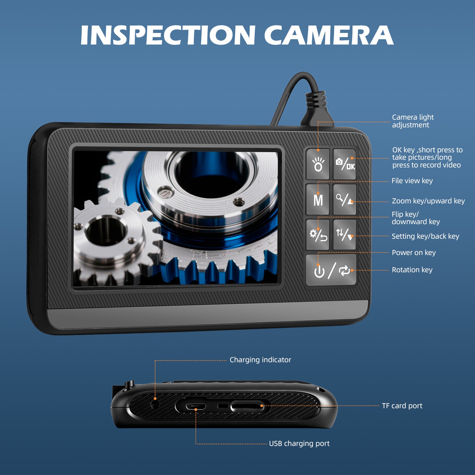 IP67 Rated Dual Lens 5M Camera Built LCD Screen Pipe Drain Inspection Scope