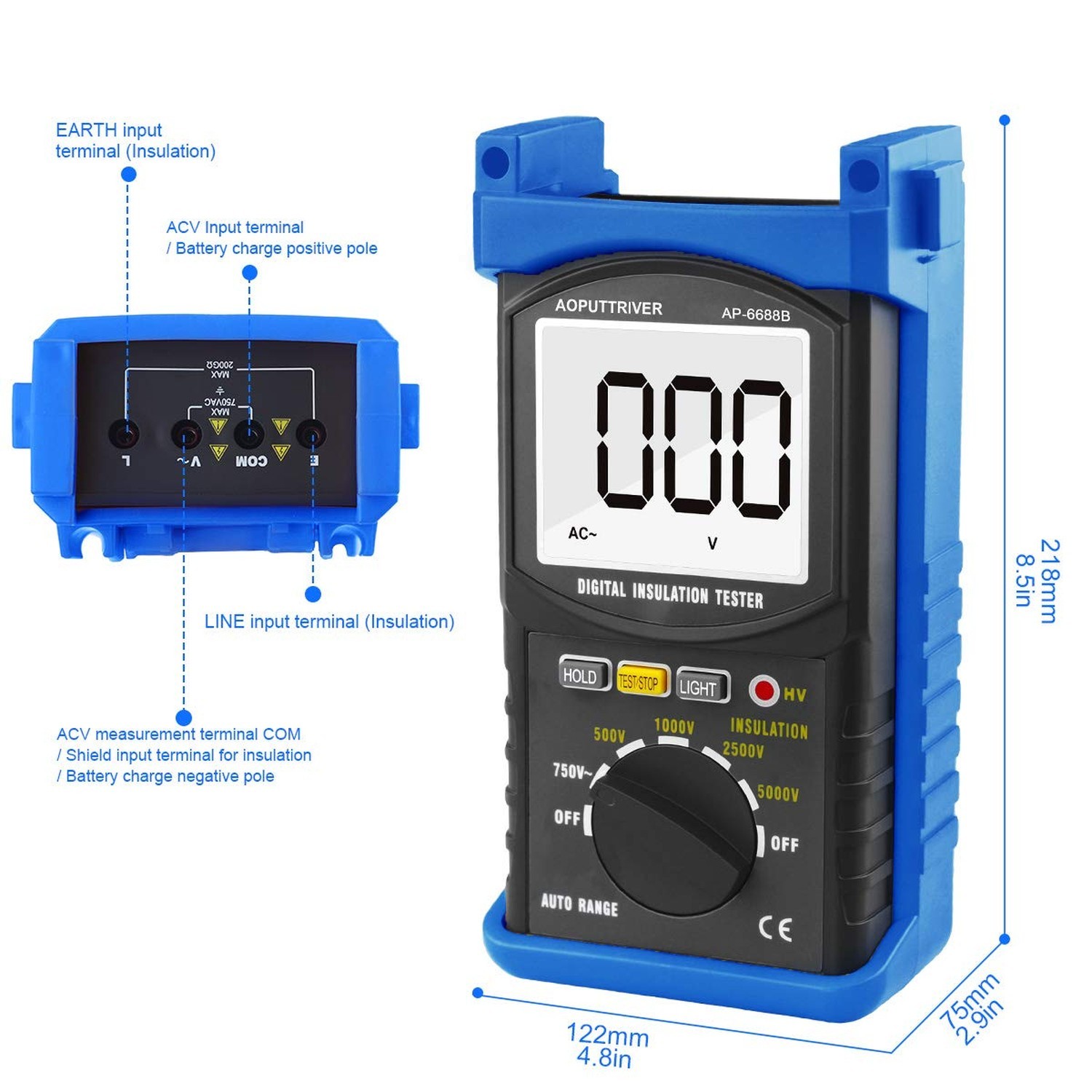 200GΩ Megohmmeter Digital Insulation Tester Test 500V/1kV/2.5kV/5kV Voltage