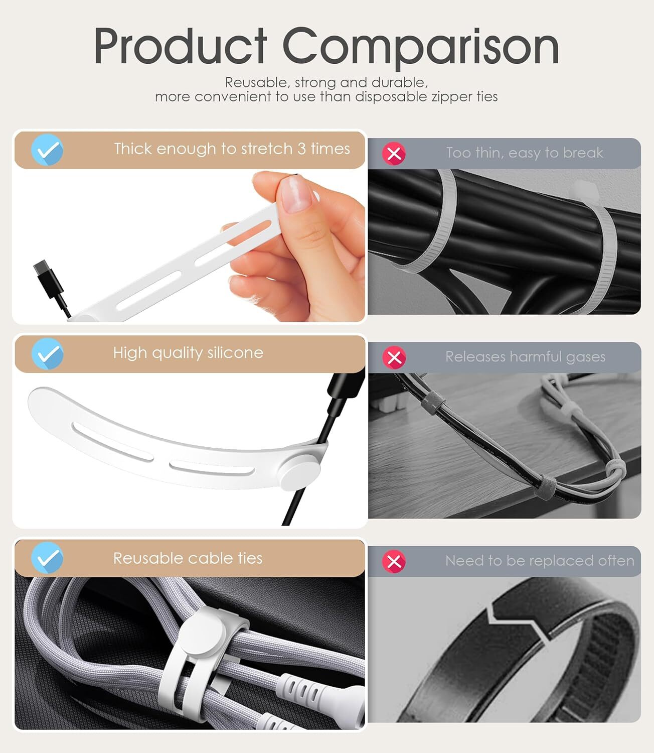 20Pcs Nearockle Reusable Cable Ties, Adjustable Silicone Cord 20pcs-white