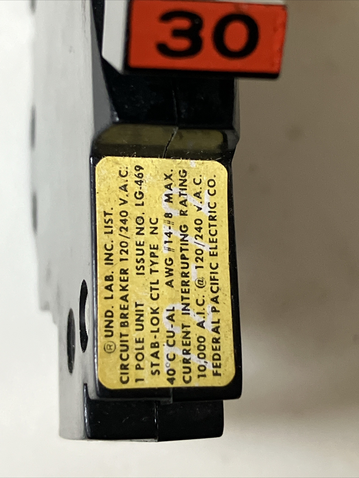 (1 ct) Federal Pacific 30 Amp 1 Pole NC30 Stab-Lok THIN NC Red Handle NC130 NEW!