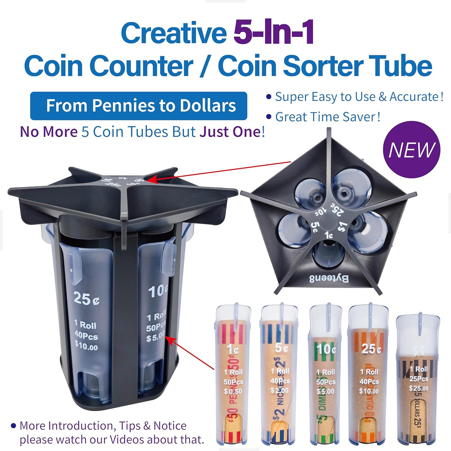 Coin Counter Coin Sorter Tube｜Creative 5-In-1 Change Sorter Coin Organizer｜Chang