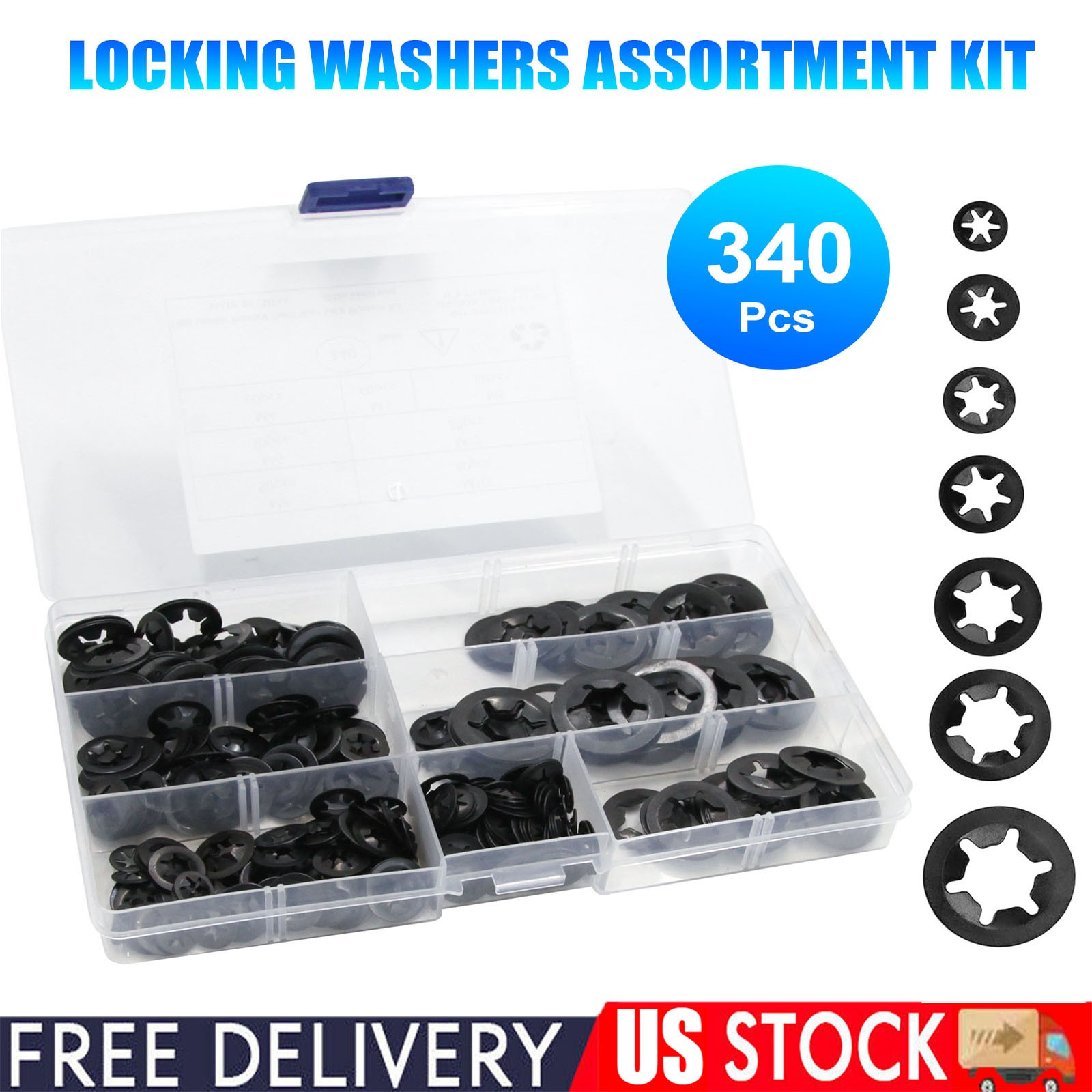 340pcs Assortment Internal Tooth Star Lock Spring Quick Washer Push On Speed Nut