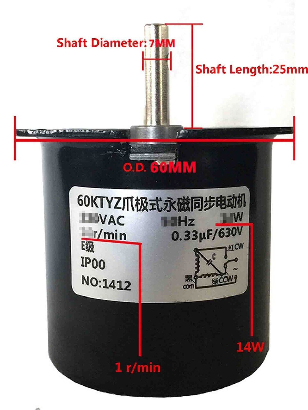 US Stock Synchronous Motor 60KTYZ AC 110V 120V 1 to 110 rmp/m CW/CCW 14W Gear