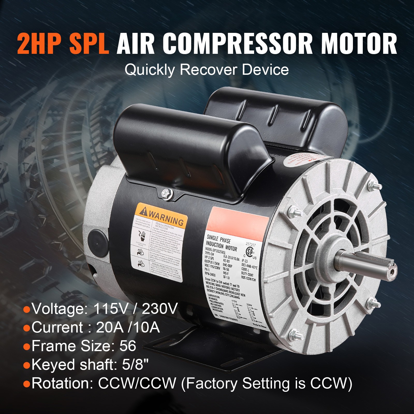 2HP SPL Air Compressor Motor 115/230V 20/10A 3450RPM 56 Frame CW/CCW Rotation