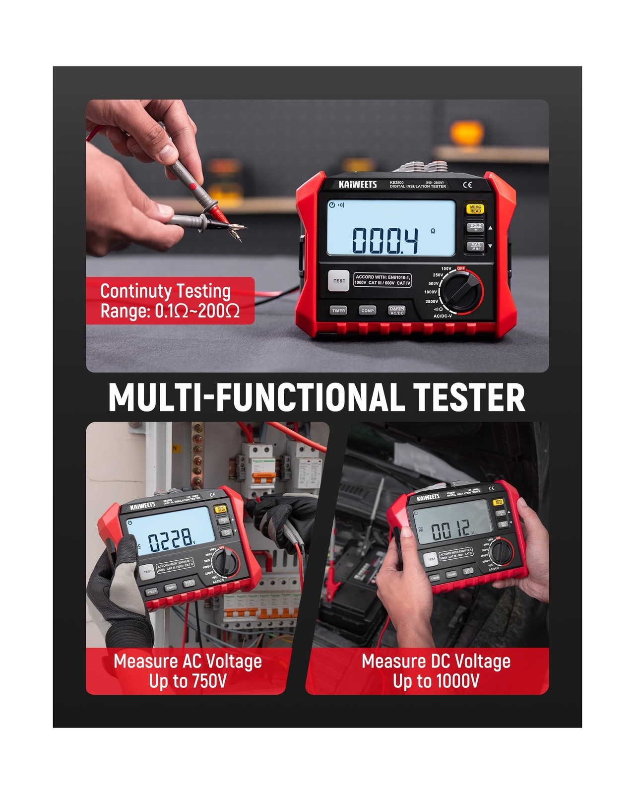 KAIWEETS Insulation Resistance Tester, Up to 200GΩ, Pro Megohmmeter, 5 Rang
