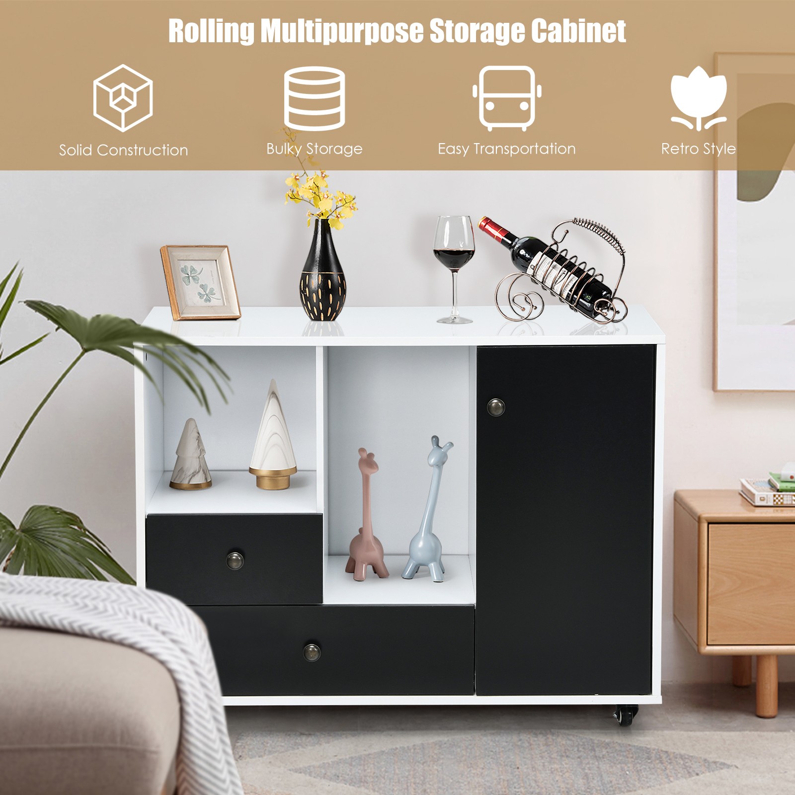 Costway Lateral Mobile Filing Cabinet Large Printer Stand w/2 Drawers White