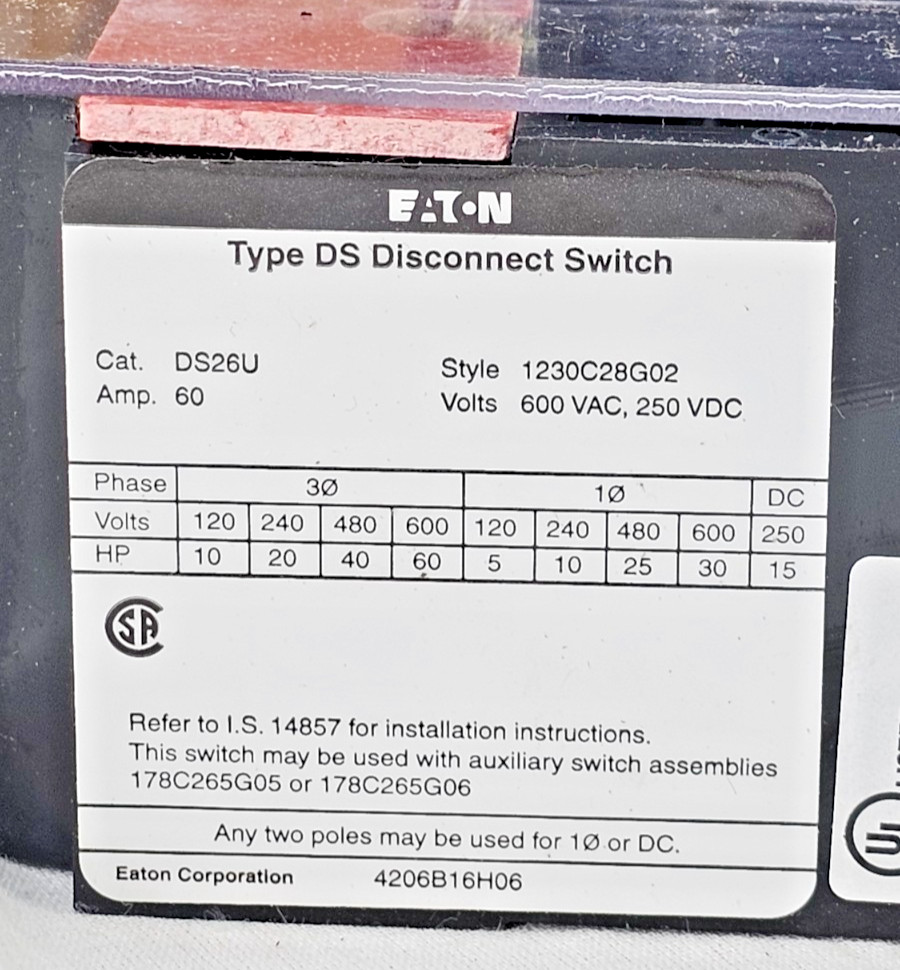 NEW – Eaton DS26U Type DS Disconnect Switch Non-Fusible 60A 3P 600V AC – 250V DC