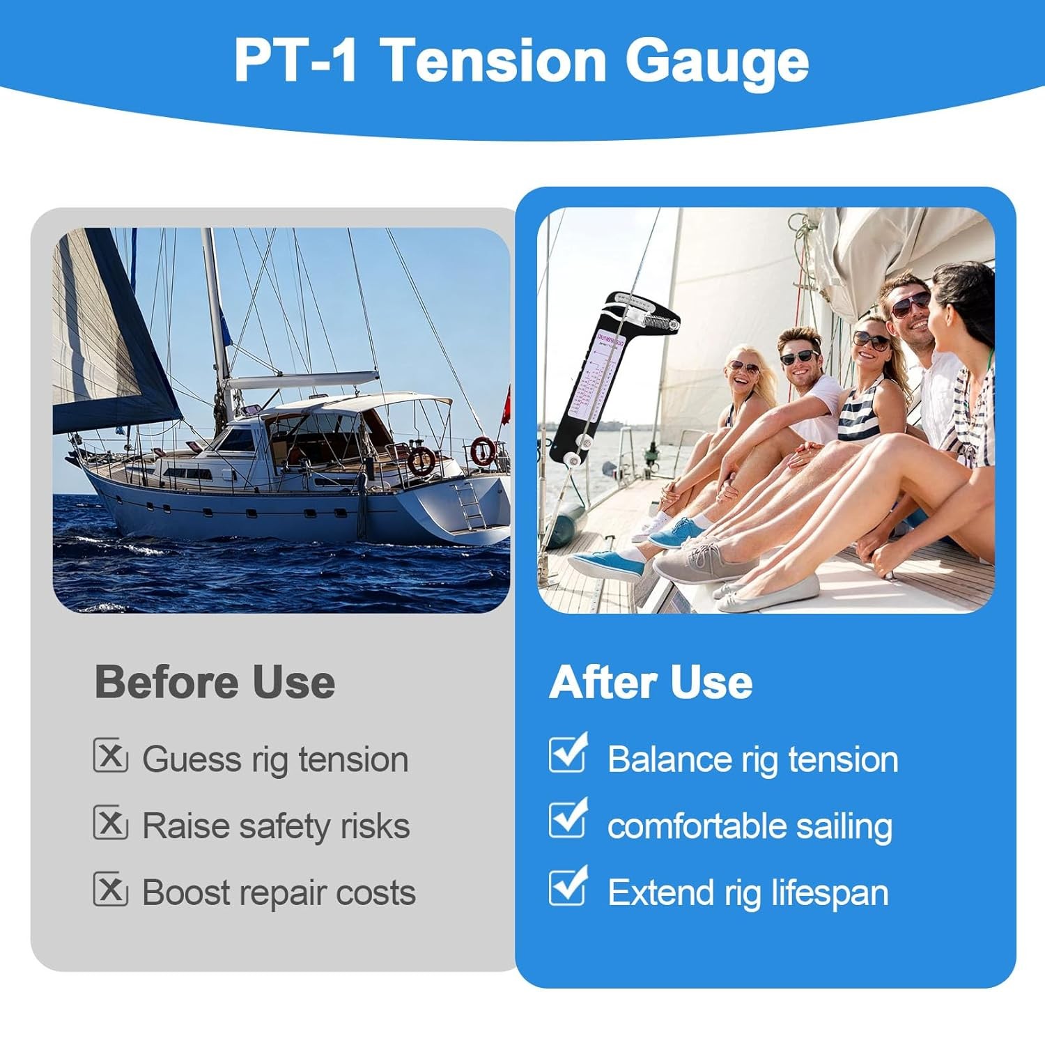 PT-1M Professional Tension Gauge Sailboat Rigging Tension Gauge, 800LB Max Load