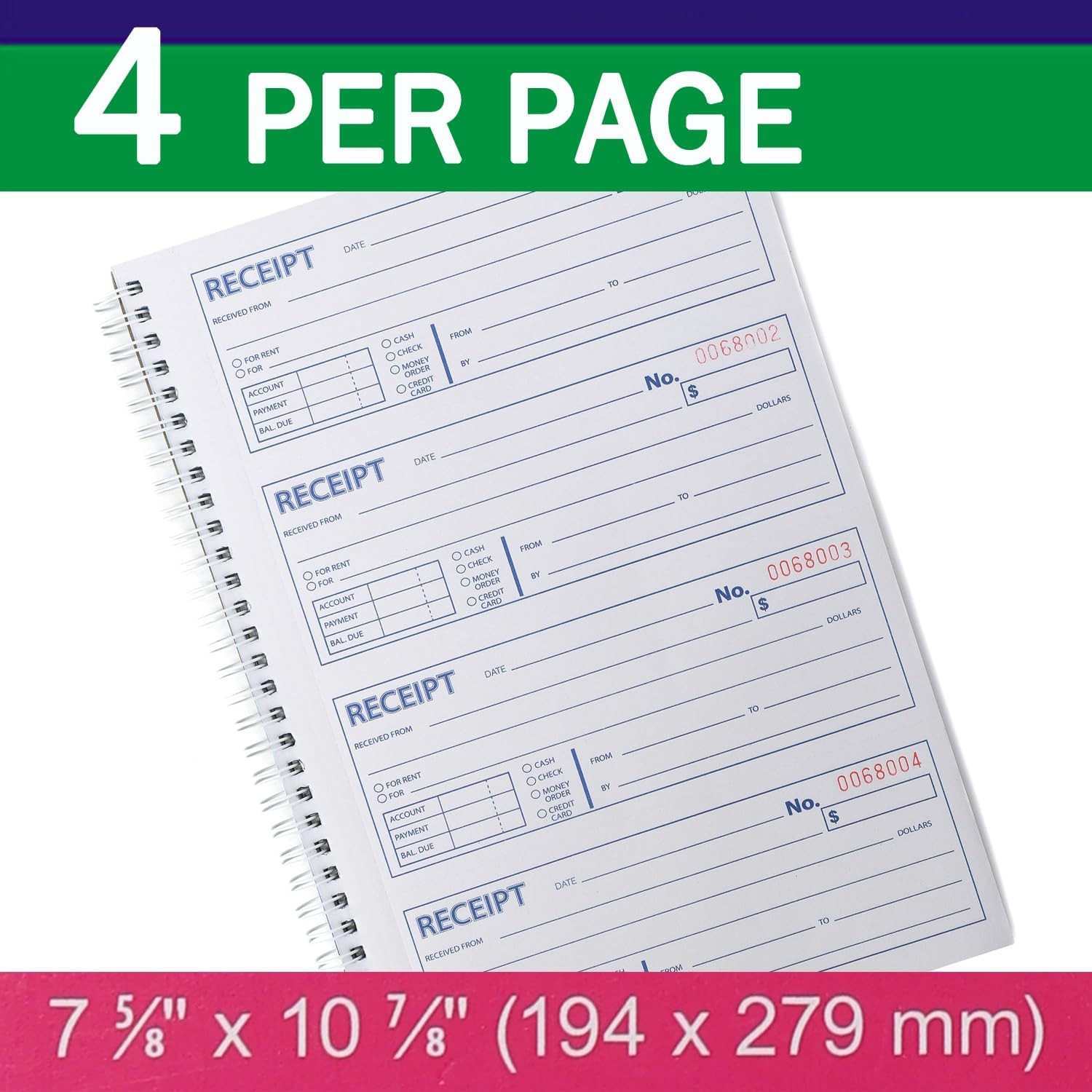 Money and Rent Receipt Book 2-Part Carbonless 7-5/8″ x 11″ Spiral Bound 200 Sets