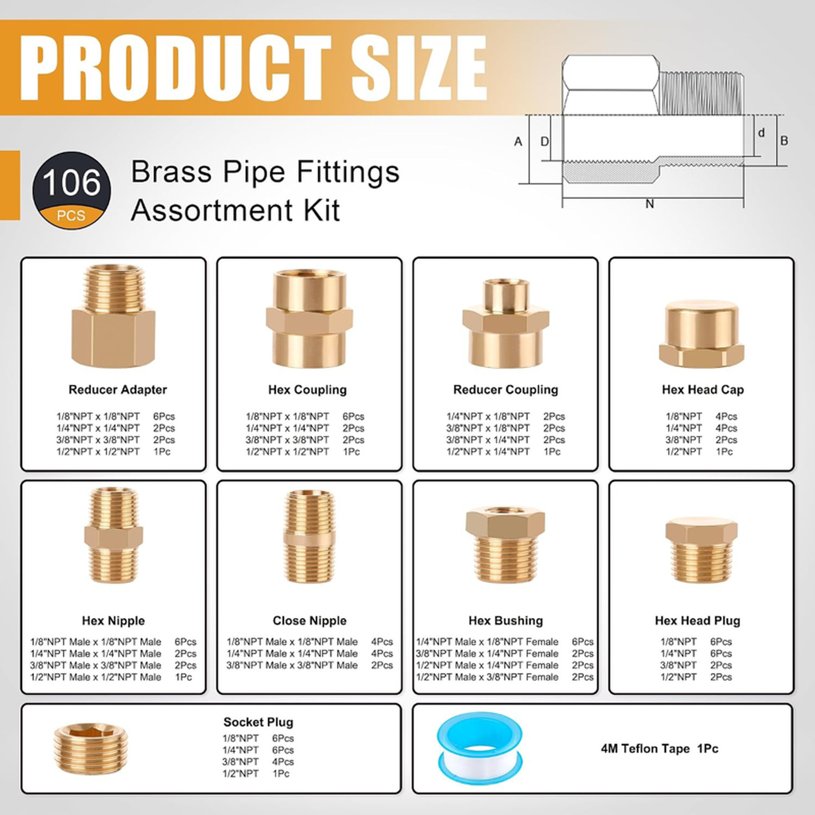 106PCS Brass Pipe Fittings Assortment Kit NPT Extension Adapter,Reducer