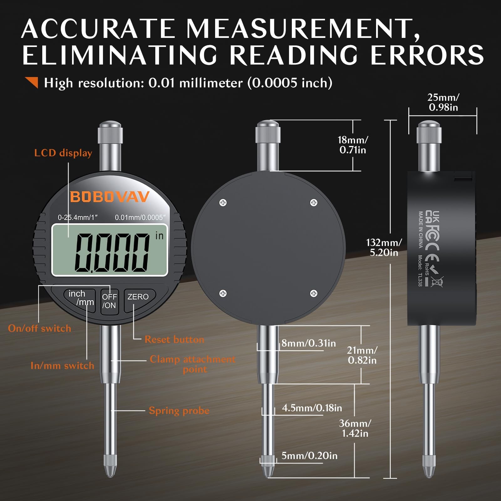 BOBOVAV Digital Dial Indicator 0-1 Inch/25.4 mm, 0.0005 inch/0.01mm High…