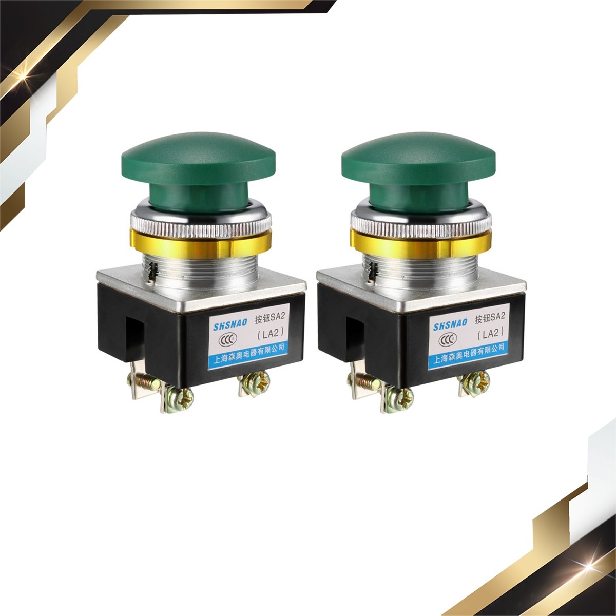 2 x Push Bottom Switch Green Momentary AC 380V 5A Mushroom Head 30mm