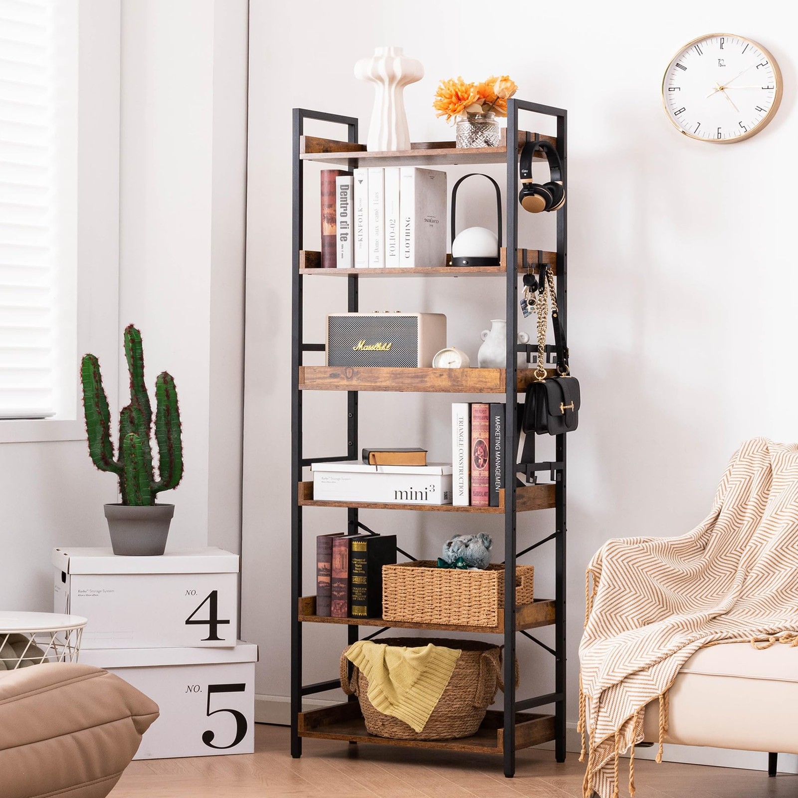 HCHQHS Adjustable 6 Tier Open Bookcase, Black Metal, Rustic Farmhouse