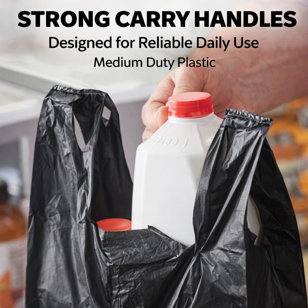 Medium Duty Black Plastic T-Shirt Bags 10x5x18 0.63 Mil Grocery Carryout Bags