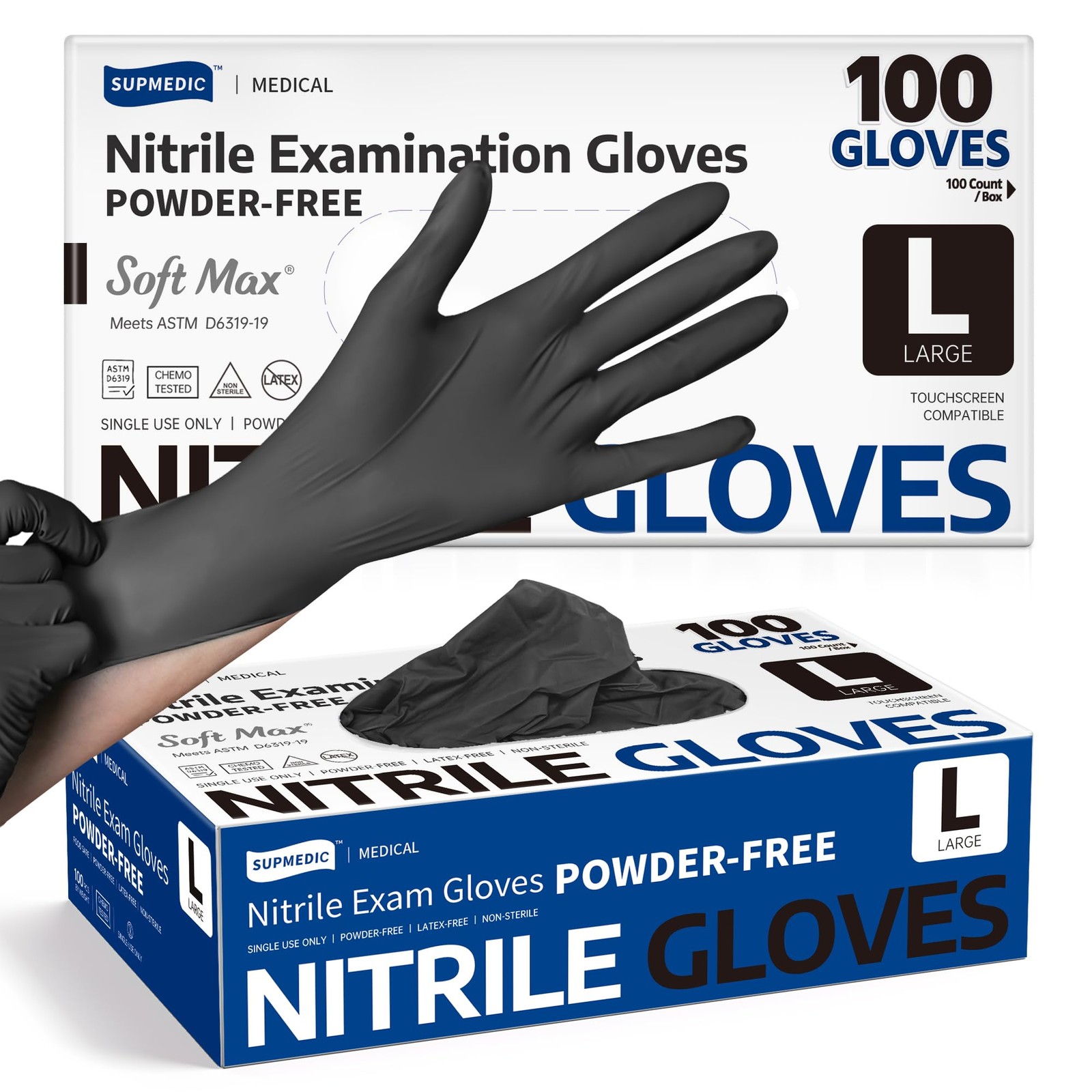Supmedic Disposable Nitrile Gloves, Chemical Resistant, Large, Large (Black)