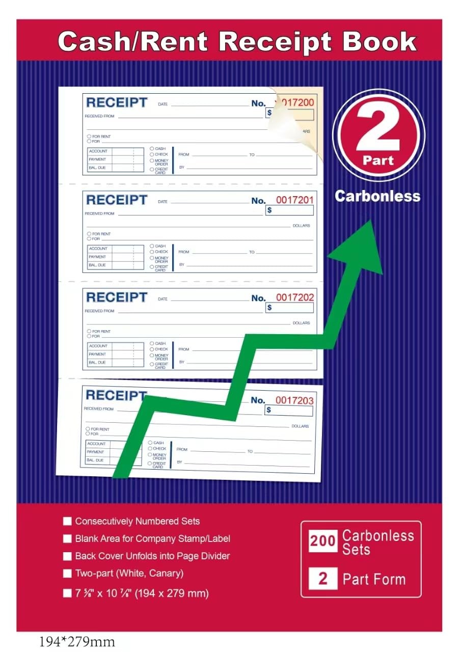 Money and Rent Receipt Book 2-Part Carbonless 7-5/8″ x 11″ Spiral Bound 200 Sets