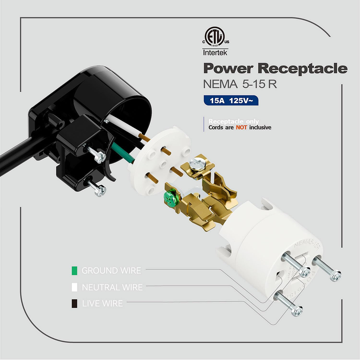 Nema 5-15R/5-15C Female Socket, Right Angle 5-15R Connector ETL Listed 15AMP/125