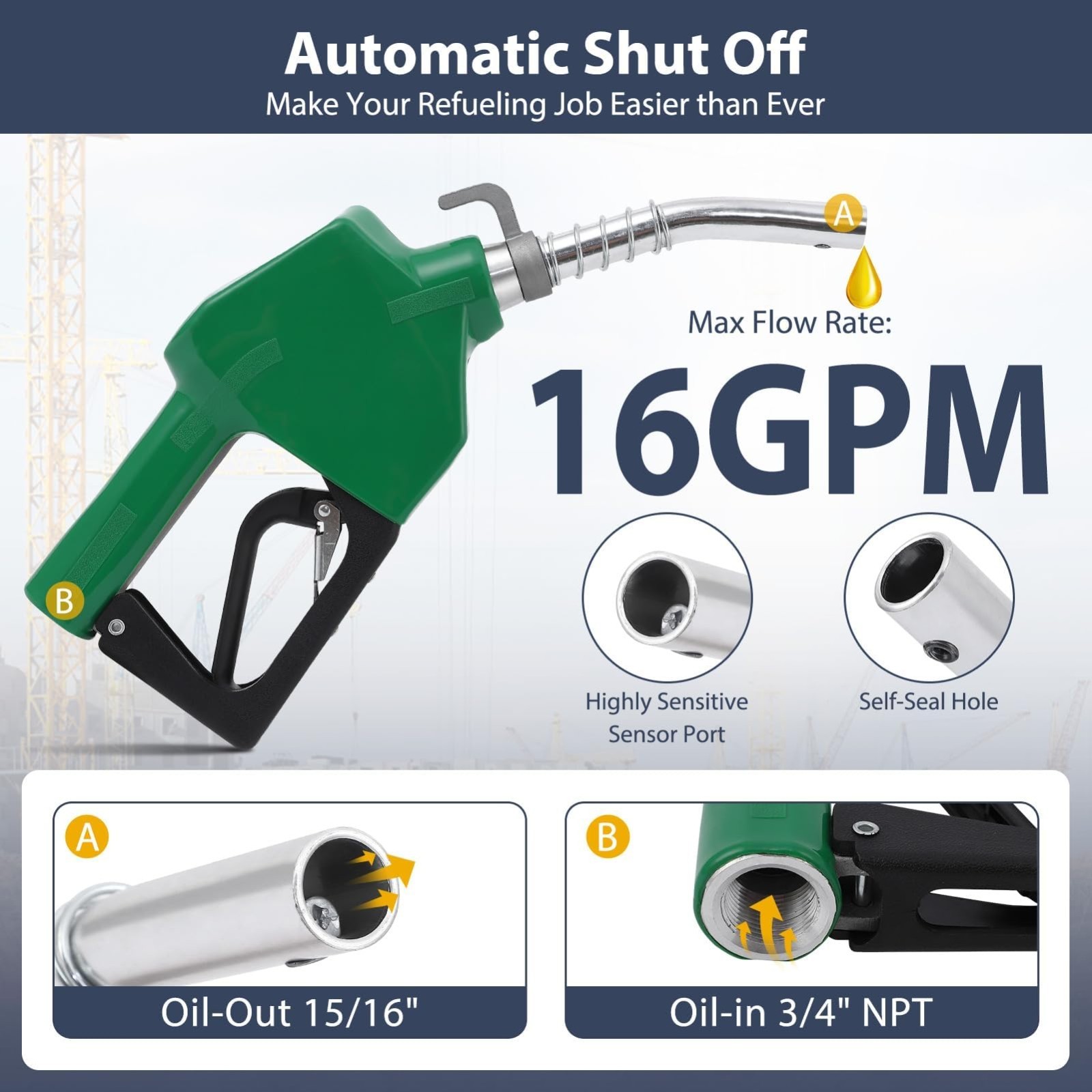 3/4 inch Automatic Fuel Nozzle Self-sealing Diesel Transfer Nozzle Auto Shut Off