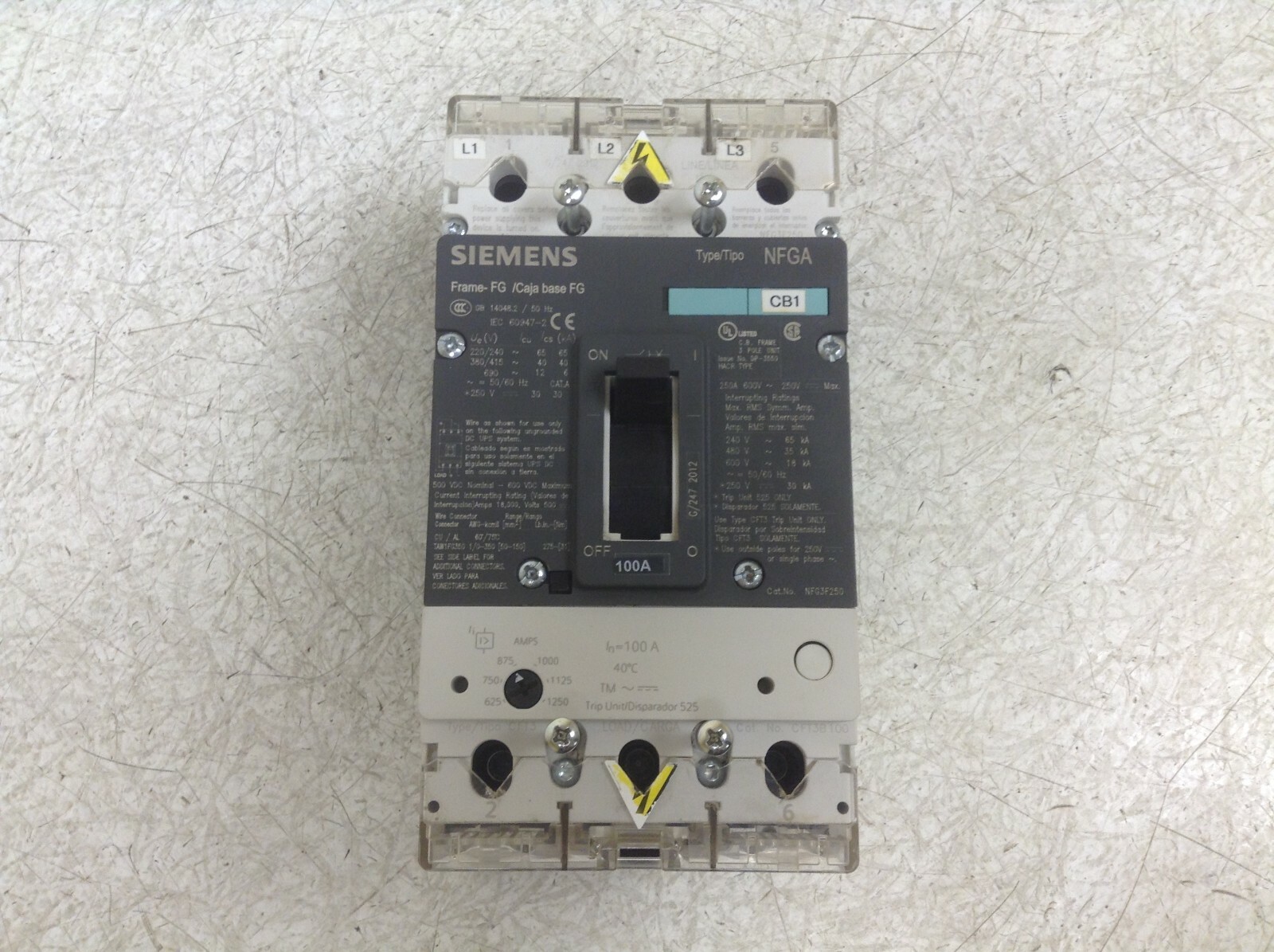 Siemens CFT3B100 3 Pole 100 Amp 600 V 250 VDC Breaker NFG3F250 NFGA (VT)